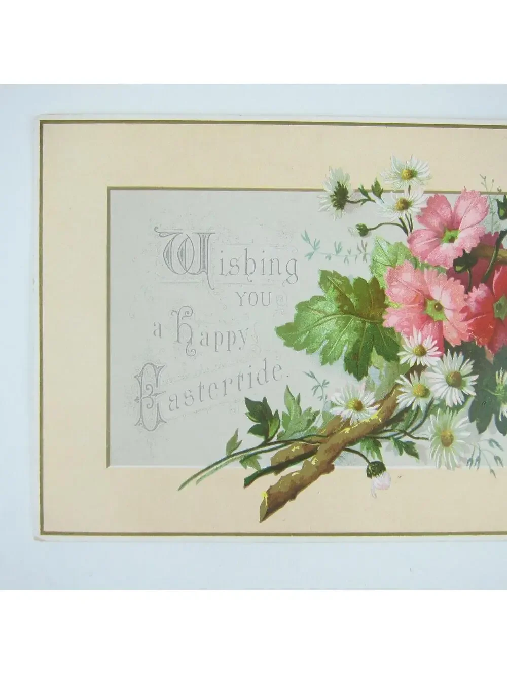 Victorian Greeting Card Easter Pink Flowers White Daisies Green Leaves Antique